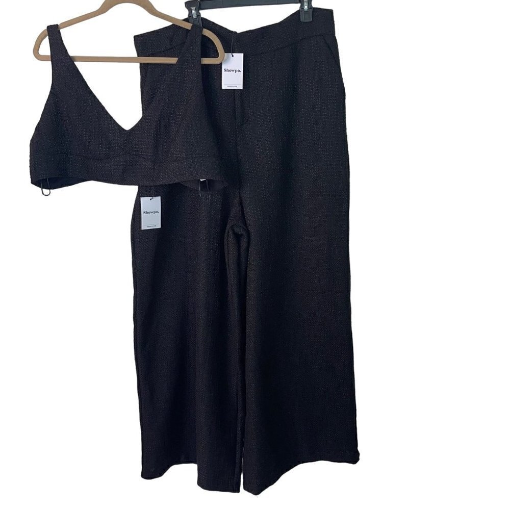 Showpo Adelaide Two Piece Wide Leg Pant And Crop Top Set Size 16 Black New